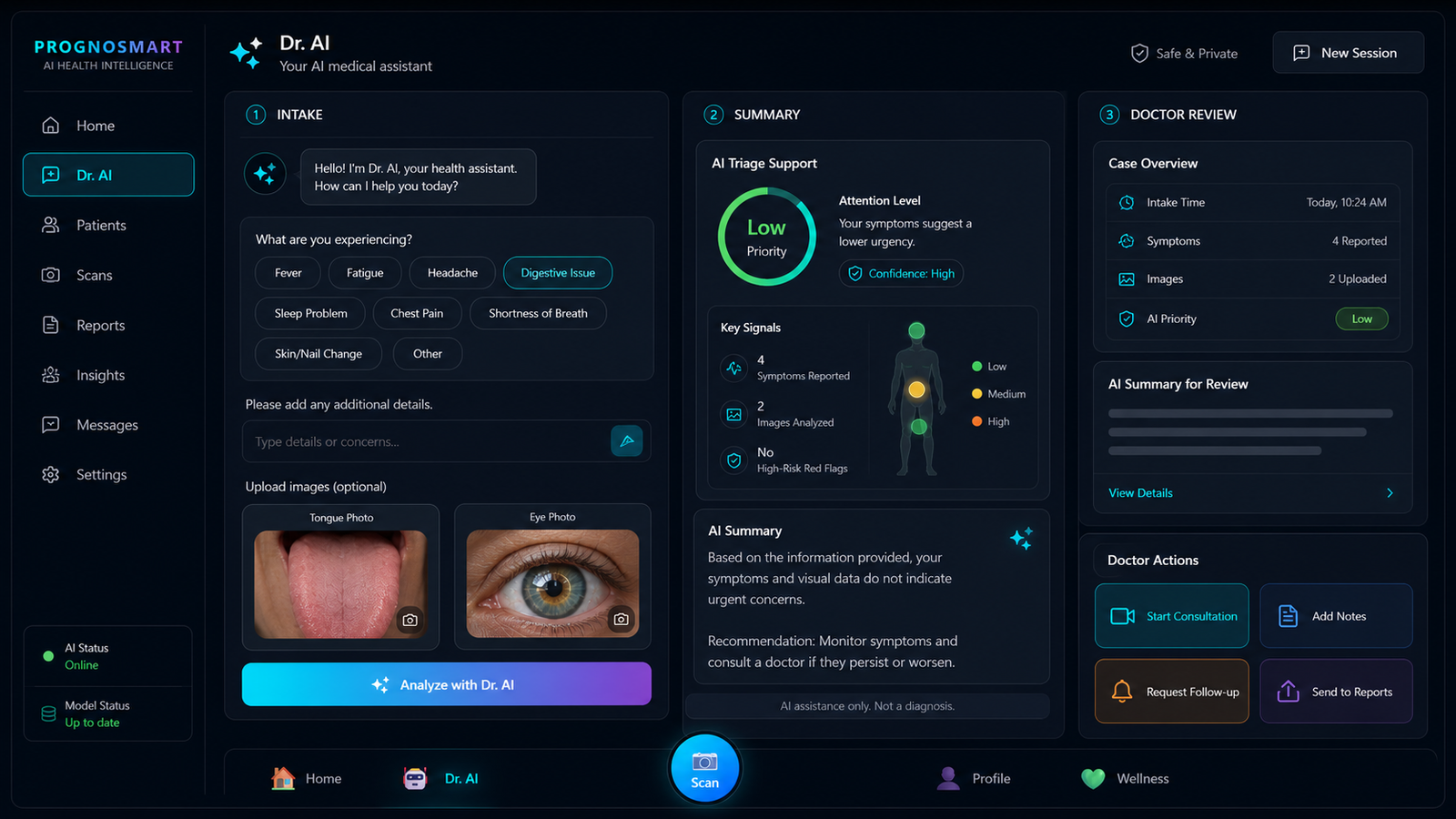 Dr. AI medical-assistance intake, summary, and doctor review workflow preview